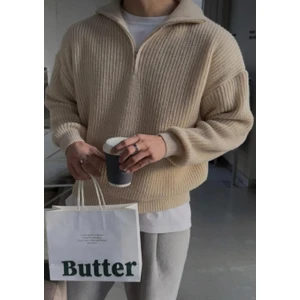 Stilim Trend Bej Yarım Fermuarlı Kalın Triko Kazak – Oversize Fit Rahat Kesim