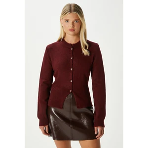 Kadın Donna Yumuşak Dokulu Kalp Düğmeli Bordo Triko Hırka