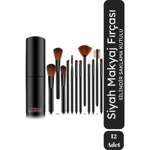 Sunora Beauty Siyah Makyaj Fırçası 12'li Set Silindir Saklama Kutulu Fırça