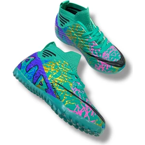 Çocuk Çoraplı Halısaha & Krampon Ayakkabı Turkuaz Mor Desenli