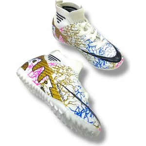 Çocuk Çoraplı Halısaha & Krampon Ayakkabı Beyaz Gold Desenli