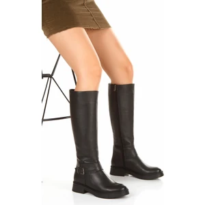 Cabra Blanca Siyah Hakiki Deri Çizme Fermuarlı Kadın Çizme Uzun Tırtıklı Taban Tokalı Uzun Deri Çizme