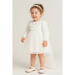 Kız Bebek Beyaz Elbise Uzun Kollu Fiyonklu Doğum Günü Parti Düğün Özel Gün Tüllü Astarlı Prenses