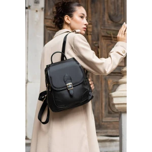 Asel Çanta Asel  Çanta,toka Detaylı, Siyah Saten Deri Bayan Sırt Çantası