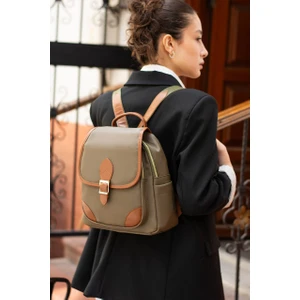 Asel Çanta Asel  Çanta,toka Detaylı, günlük,haki  Saten Deri Bayan Sırt Çantası