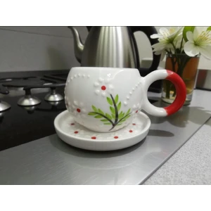 Seramik El Yapımı Kırmızı Papatya Desenli Çay/kahve Fincanı