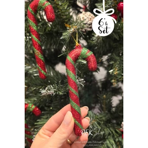 Simli Kırmızı Yeşil Baston Şeker Yılbaşı Ağaç Süsleri 6lı Set