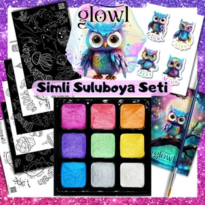 Glowl Simli, Organik, El Yapımı, Suluboya 9'lu Set, Boyama Kağıtları, Sticker Seti, Fırça Hediyeli