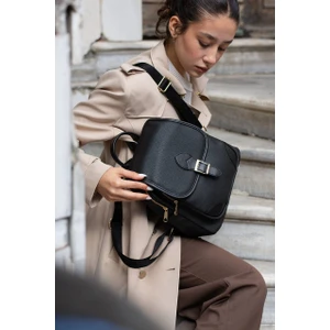 Asel Çanta Asel  Çanta,toka Detaylı, Siyah Suni Deri Bayan Sırt Çantası