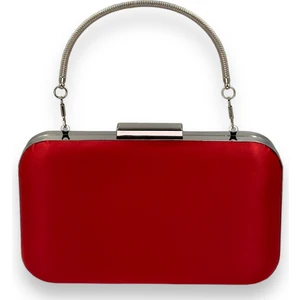 Kırmızı Renk Saten Gümüş Kasalı Metal Saplı Kulplu Abiye Çanta Gece Çantası Düğün Nişan