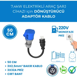 7,4kW Elektrikli Araç Şarj Cihazı için 50Cm Monofaze Fişli Dönüştürücü Adaptör