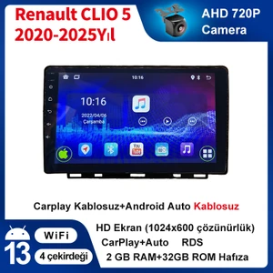 Renault Clio 5 (2020-2024 yıl) 2GB Ram 32GB Rom Hafıza Android sürüm 14 Multimedya Kablosuz Carplay Navigasyon 9 inç Ekran