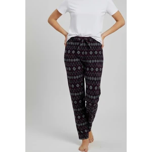 Elemge %100 Pamuk Desenli Kadın Pijama Altı Interlok Kumaş Rahat Kalıp Kurdeleli Lacivert Yılbaşı Temalı