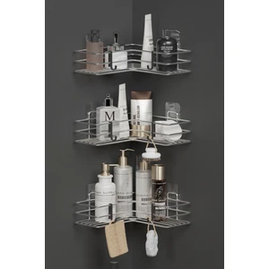 Hill Homes Krom Gümüş Yapışkanlı 3’lü Banyo Köşeliği – Şampuanlık & Köşe Organizer Raf