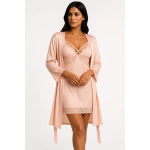 Cherry Queen Premium Jakarlı Pudra Pembe Dantelli Sabahlık & Gecelik Takımı – Özel Kutulu