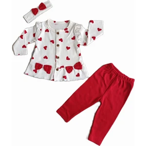 Kız Bebek Kalpli Fitilli Önü Düğmeli &bandanalı 3 Lü Takım