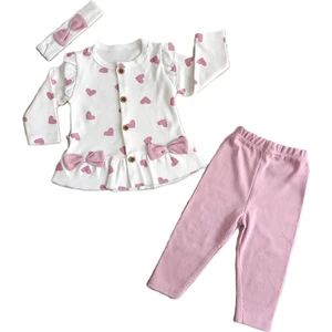Kız Bebek Kalpli Fitilli Önü Düğmeli &bandanalı 3 Lü Takım