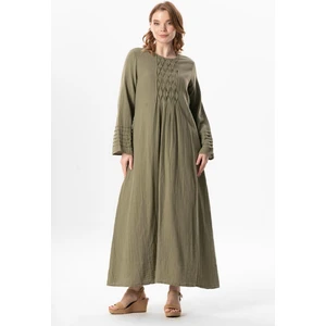 Eliş Şile Bezi Uzun Kol Şahika Nervür Detaylı Uzun Müslin Yazlık Elbise Haki Hk