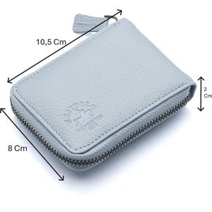 Hakiki Deri Kağıt Para ve Bol Şeffaf Kart Bölmeli, Fermuarlı Unisex Kartlık - Buz Mavi