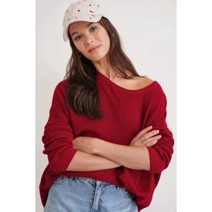 6183 Kadın Nopeli Oversize Triko İnce Basic Kazak Kırmızı