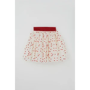 Kız Çocuk Tütü Etek Simli Kalp Desenli Beli Lastikli 5-10 Yaş, Ekru