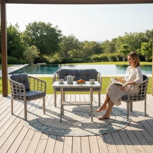Kartepe 2 1 1 Rattan Bahçe Balkon Mutfak Takımı,Bal Köpüğü Rattan/Koyu Gri Kumaş