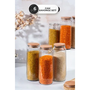 6’lı Ahşap Kapaklı Uzun Cam Kavanoz Seti 1500 ml – Bakliyat/makarna/un-Şeker Saklama Kabı Seti