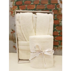 Trendy Şalyaka Bornoz + Baş Havlusu-Krem