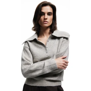 Regular Fit Uzun Kollu Yarım Düğme Detaylı Geniş Polo Yaka Triko Kazak