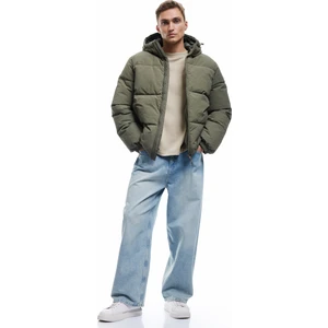 Uzun Kollu Cep Detaylı Fermuarlı Kapşonlu Şişme Mont