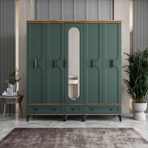 Loren 5 Kapaklı Çekmeceli Gardırop Tamamı Mdf (Yeşil)