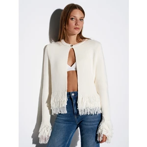 60993 Kolu Püsküllü Triko Hırka-Ekru