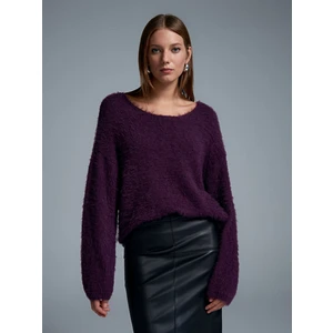 10806 Kayık Yaka Yumuşak Dokulu Triko Kazak-Mürdüm