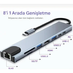 8 In 1 Macbook Pro Air USB Type-C Hub Dönüştürücü Çevirici Çoklayıcı USB Hdmı Micro Sd Girişli