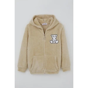 Kız Çocuk Peluş Mont Ayıcık Nakışlı Kapüşonlu Cepli 8-12 Yaş, Bej