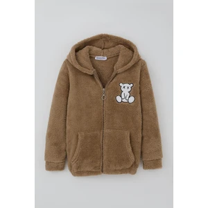 Kız Çocuk Peluş Mont Ayıcık Nakışlı Kapüşonlu Cepli 8-12 Yaş, Kahverengi