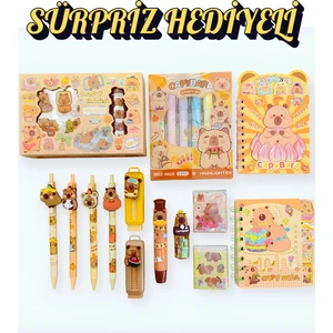 ÖZ OFİS Capybara Kapibara 20 Parça Kırtasiye Seti Sticker Kalemtraş Silgi Etiket Uçlu ve Fosforlu Kalem