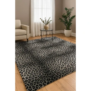 Raschel Carpet Premium Seri Gri Tavşan Tüyü Leopar Desenli Kaymaz Taban Halı Yolluk