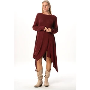 Eliş Şile Bezi Uzun Kol Handan Asimetrik Kesim Sonbahar ve Kışlık Dökümlü Midi Boy Triko Elbise Bordo Brd