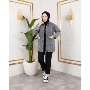 Harman Butik Kadın Cepli Düğmeli Koyu Gri Kot Ceket