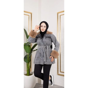 Harma Time Butik Kadın Kemerli Cepli Kürk Detaylı Kot Siyah Ceket