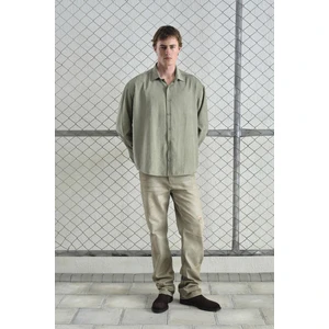 Çizgili Efektli Modal Haki Gömlek