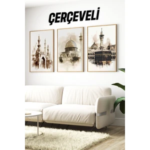 🕋 Üçlü Çerçeveli Islami Mekânlar Tablo Seti🕋 CRV1079 23 x 32