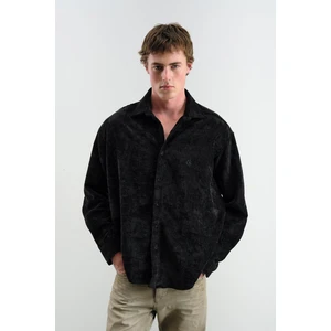 Oversıze Dökümlü Kadife Siyah Gömlek