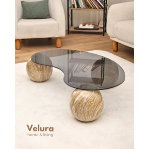 Modern Orta Sehpa & Top Sehpa Cam Sehpa & Küre Orta Sehpa - Traverten Mermer Top - Fasulye - Füme Cam