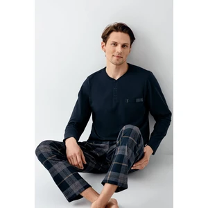 Büyük Beden Erkek %100 Pamuklu 4 Mevsim Kumaş Cepli Uzun Kol Ekose Pijama Takım