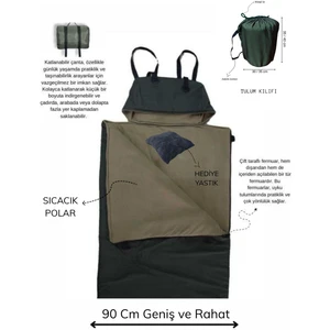 Geniş Haki Uyku Tulumu(-25 ) Mikro Su Itici (215×90 Cm) 200 gr ELYAF/180 gr Polar Kamp&deprem