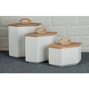 Kitchen Pembelia 3’lü Ahşap Kapaklı Porselen Çay Şeker Tuz Kahve Bakliyat Saklama Kavanozu