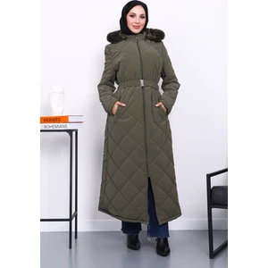 İmaj Butik Haki Kapüşonlu Kapitone Uzun Şişme Mont