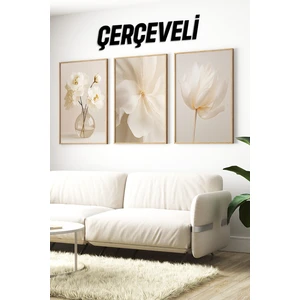 🌼 3'lü Çerçeveli Krem Çiçek Desenli Dekoratif Tablo Seti 🌿 CRV1149 23 x 32